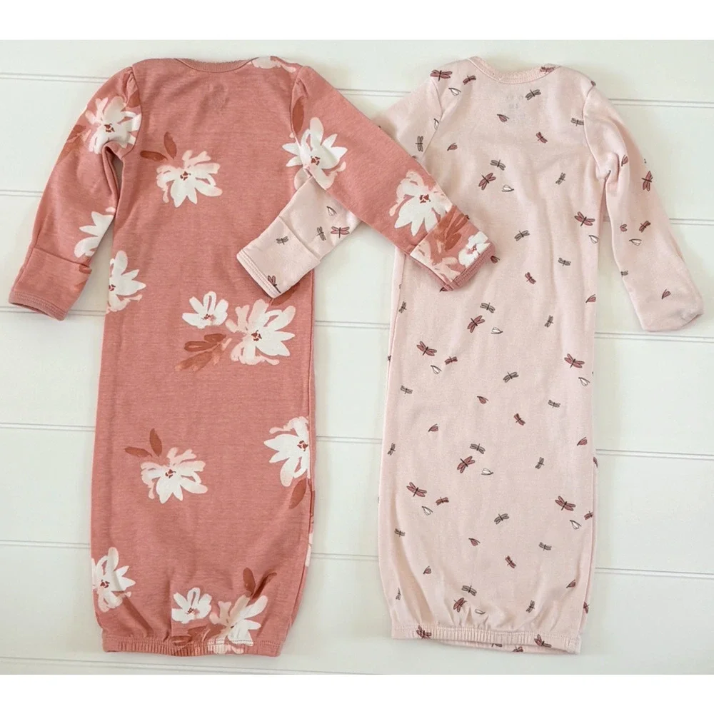 Carters Baby Girl Sleeper Gown Set 3 Months 100% Cotton Pink Floral Dragonfly